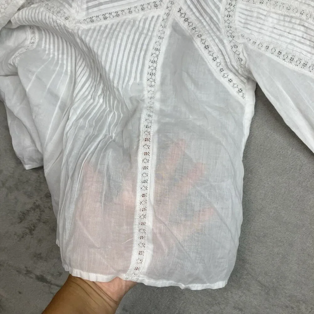 Madewell Pintuck Lace Blouse White Long Sleeve Equestrian Preppy‎ Top Womens M